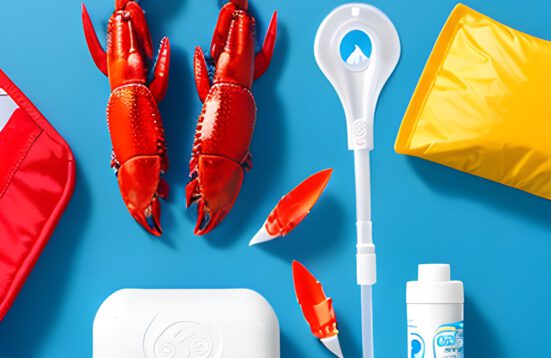 Illustration in bright colors, a red lobster, a yellow pillow, a white tampon applicator a white vial all on a light blue background