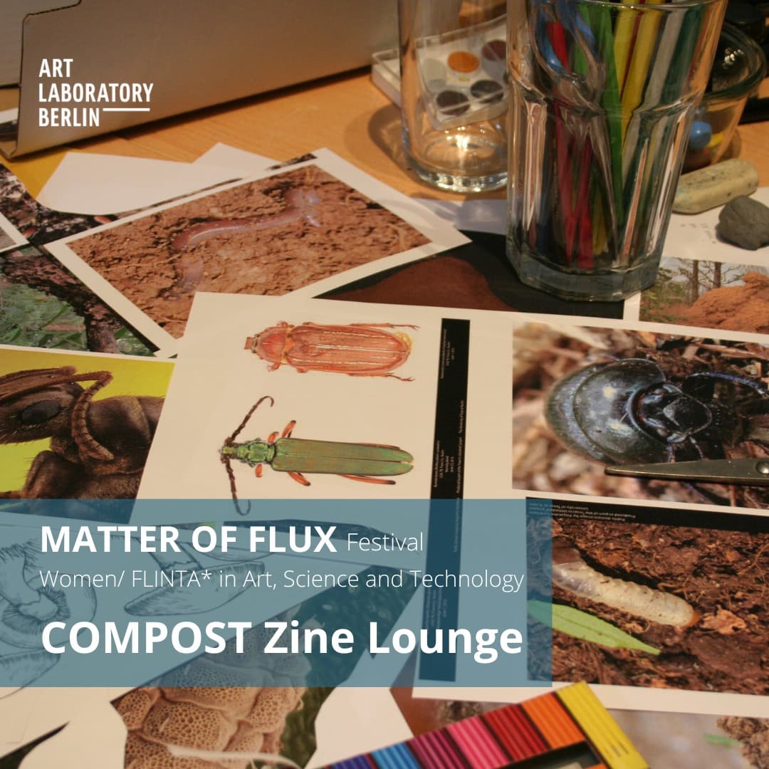 drawing and photographs of insects on a table with markers and watercolor paints. The words:" Matter of Flux Festival Festival  Women/FLINTA* in Art, Science and Technology COMPOST Zine Lounge"