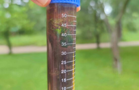 a laboratory vial filled with soil and green biomaterial, held by fingers