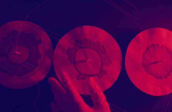 Three soil chromatograms seen from above under red light, dark purple background. outlines of the runways on Tempelhofer Feld
