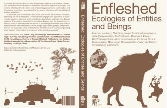 cover of a Zineentitled : Enfleshed. Ecologies of Entities and Beings. silhouette forms of a wolf, a human shaman with a deer mask and antlers, a rock, a tree among other forms