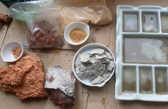 crushed stones and earth, pigment and a try with water 