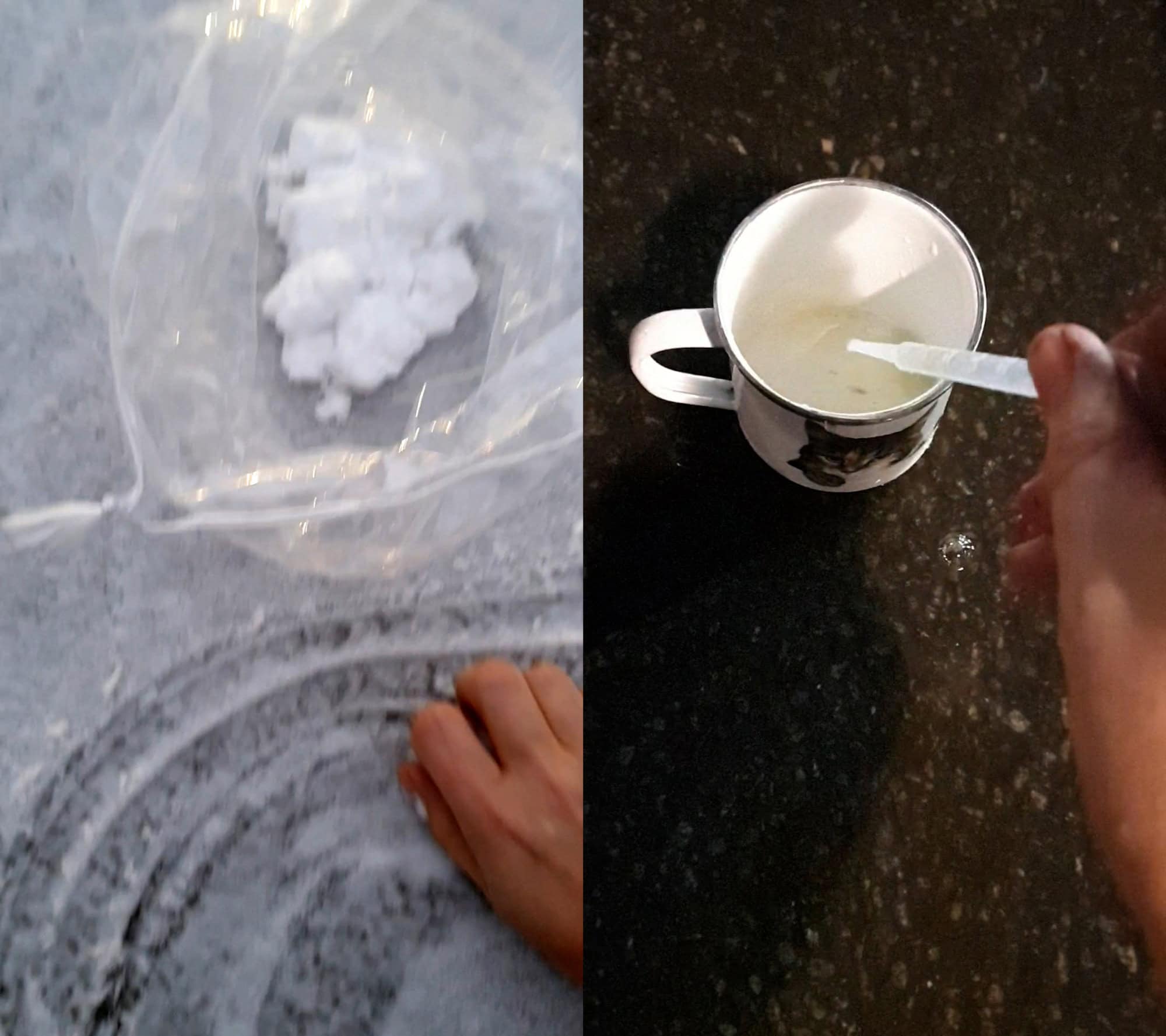 on the left a pack of white crystals, on the right a hand with eye dropper putting liquid in a cup