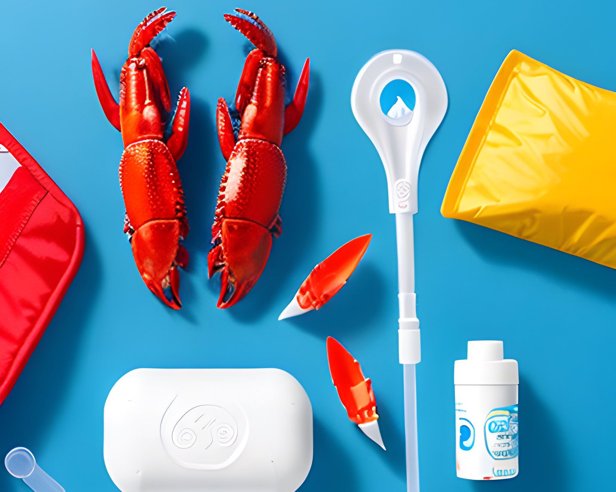 Illustration in bright colors, a red lobster, a yellow pillow, a white tampon applicator a white vial all on a light blue background