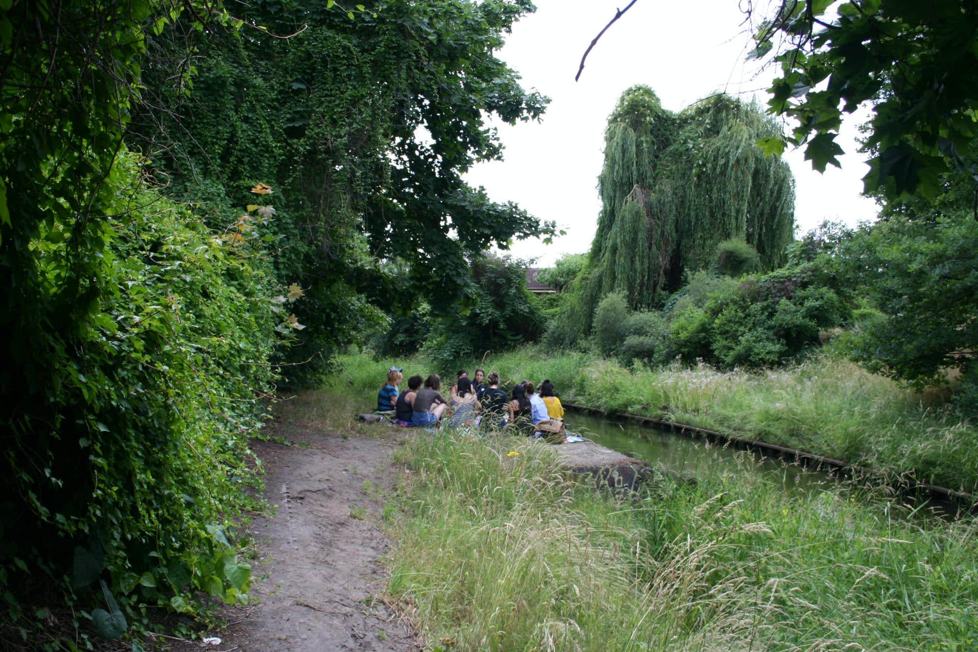 a group of people seated in a wild park like area besides a small river