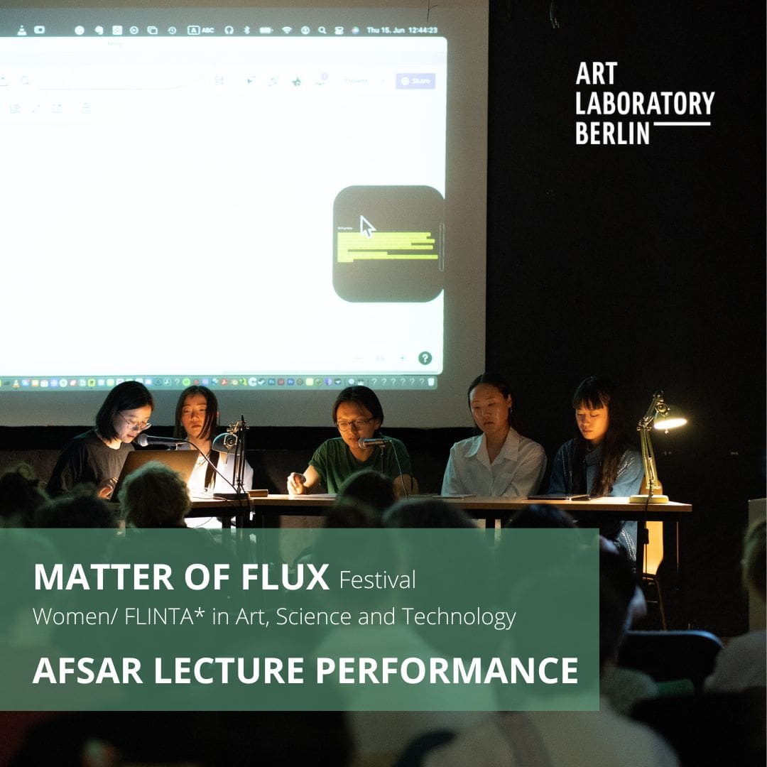 Five women sitting at a podium with a projection on a screen behind them the words: Matter of Flux Festival Festival Women/FLINTA* in Art, Science and Technology ASFAR Lecture Performance