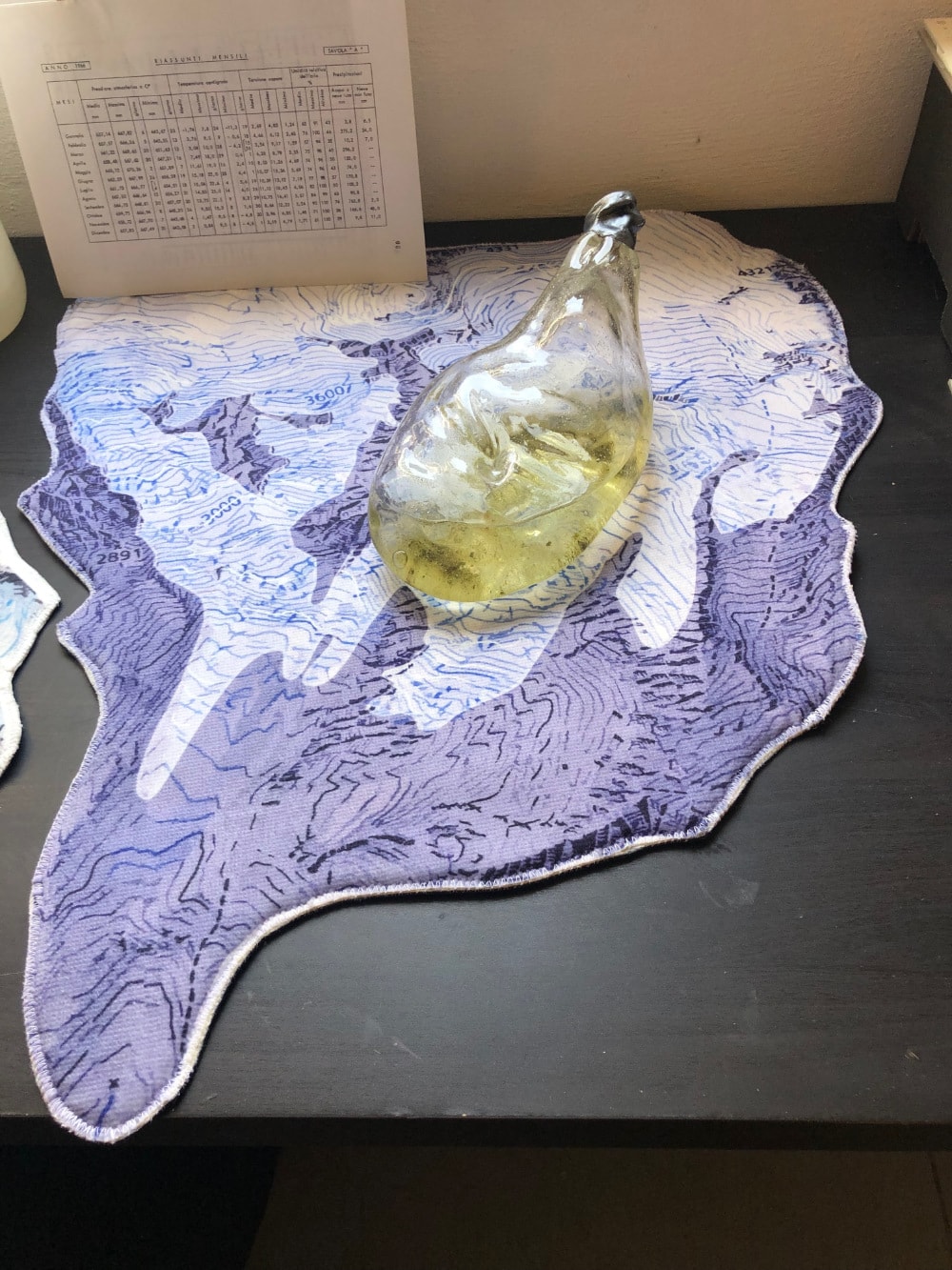 glass container/ object on a n object that looks like a small textile and a map