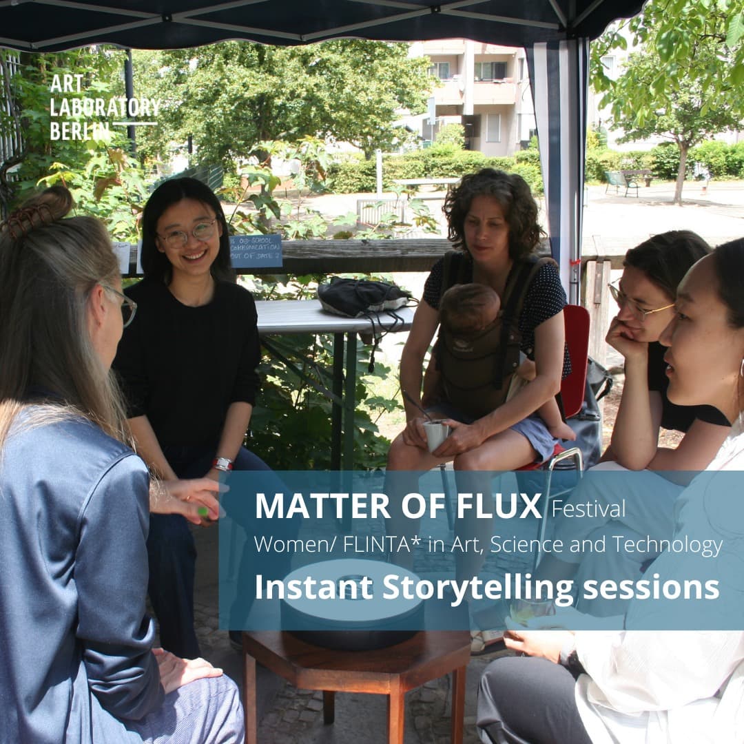 five woman (one holding an infant in a carrier) seated outside and the words " Matter of Flux Festival Festival  Women/FLINTA* in Art, Science and Technology Instant Storytelling sessions"