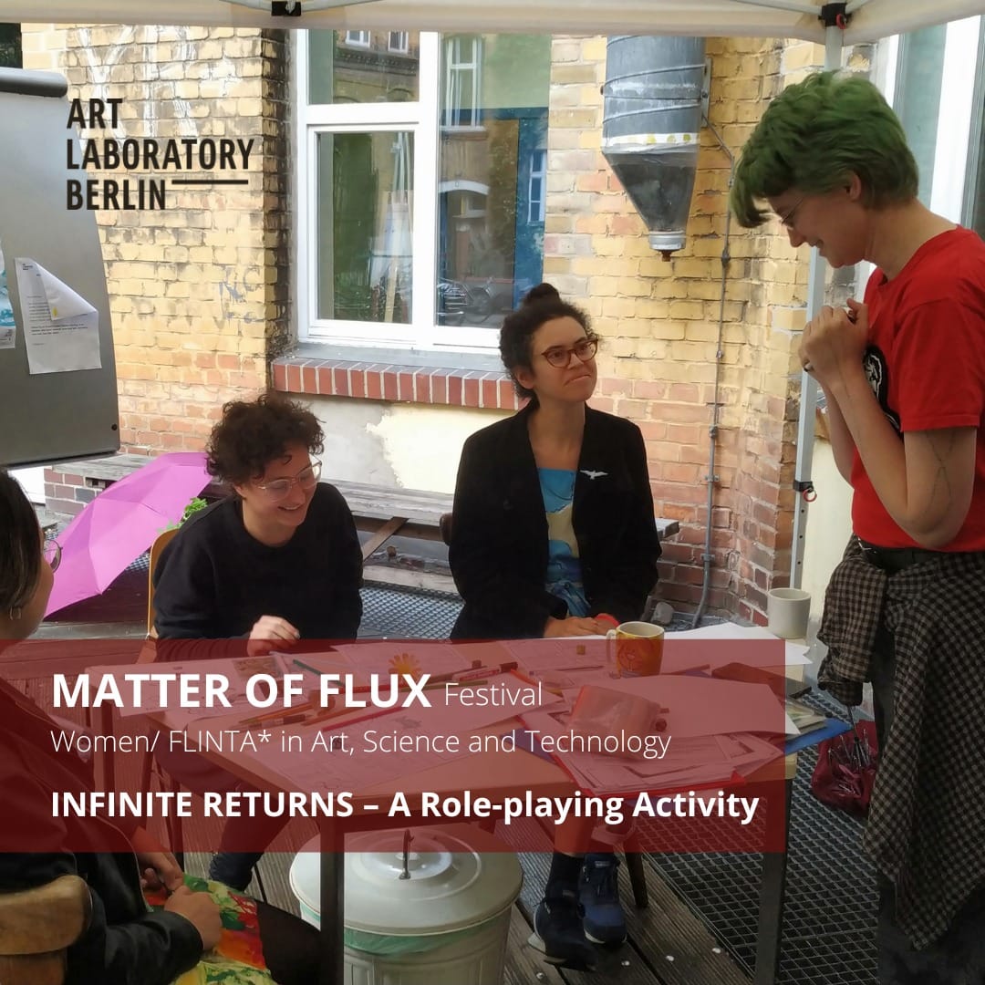 two women seated, one standing the words: "Matter of Flux Festival Festival Women/FLINTA* in Art, Science and Technology Infinite Returns - A Role-playing activity"
