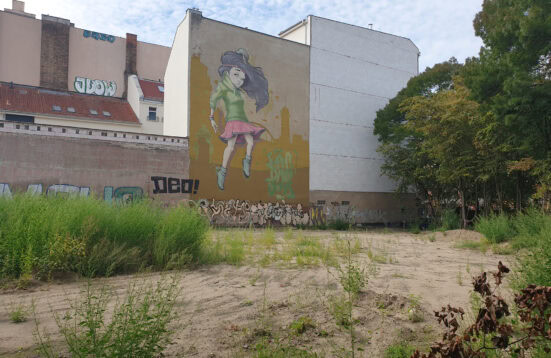 empty urban lot with grass, trees, rubble. In the background a mural of a little girl on the firewall of an apartment building