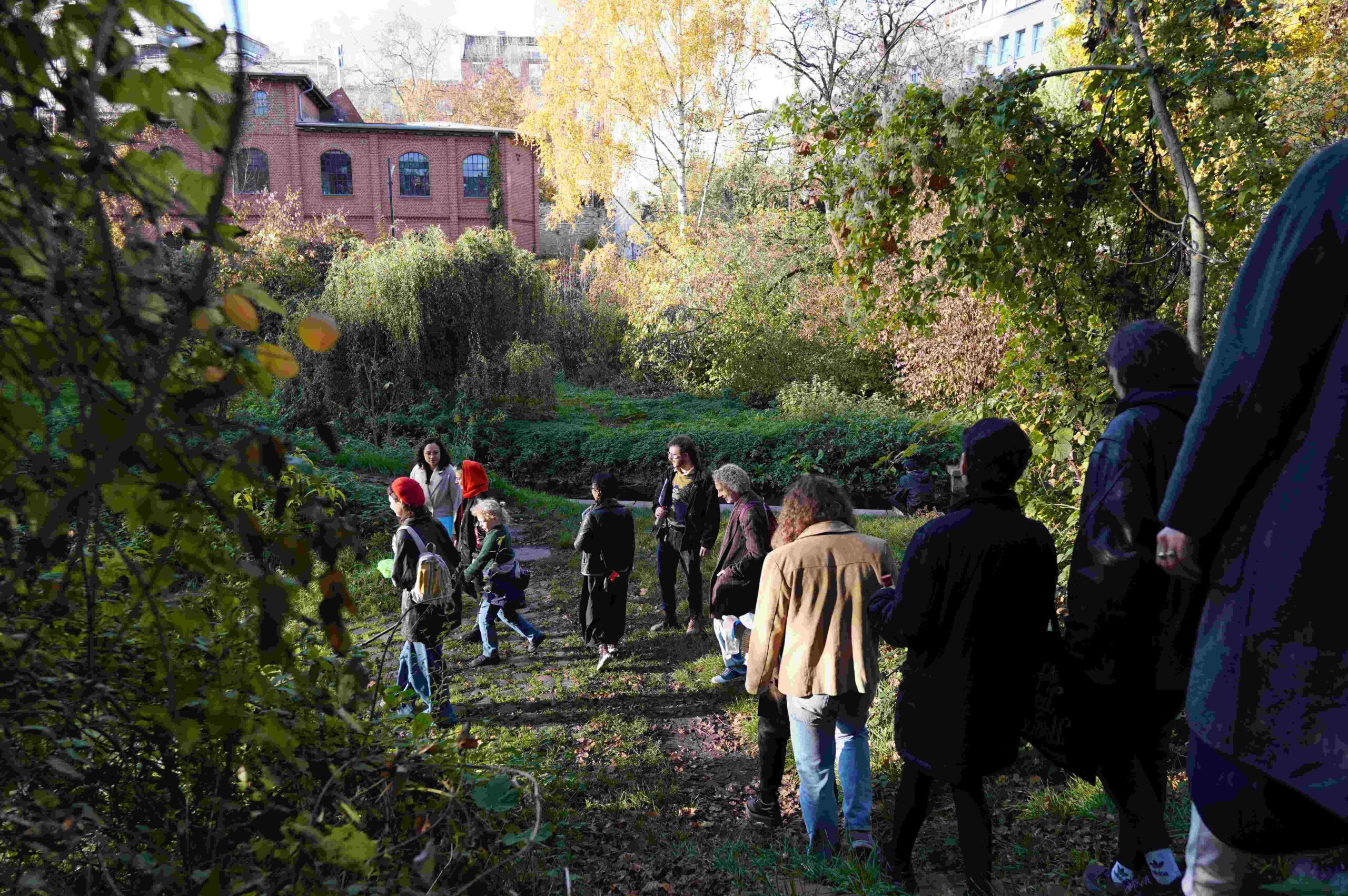 A group of people gathering in a green area